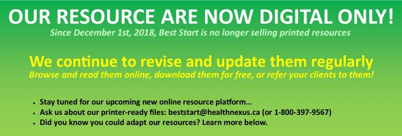 Green picture announcing that BSRC Resources are now available in digital formats only, and that they are still been updated regularly